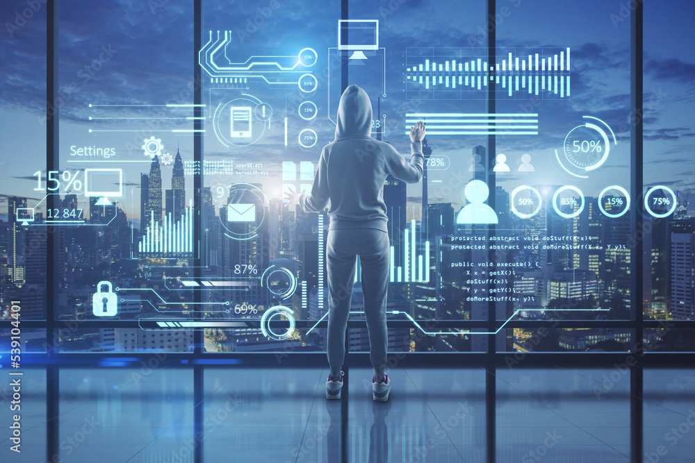 Poster hacker using creative glowing business chart interface hologram on blurry panoramic office windows with city view background. Company digital data, guide and computer analysis concept. 