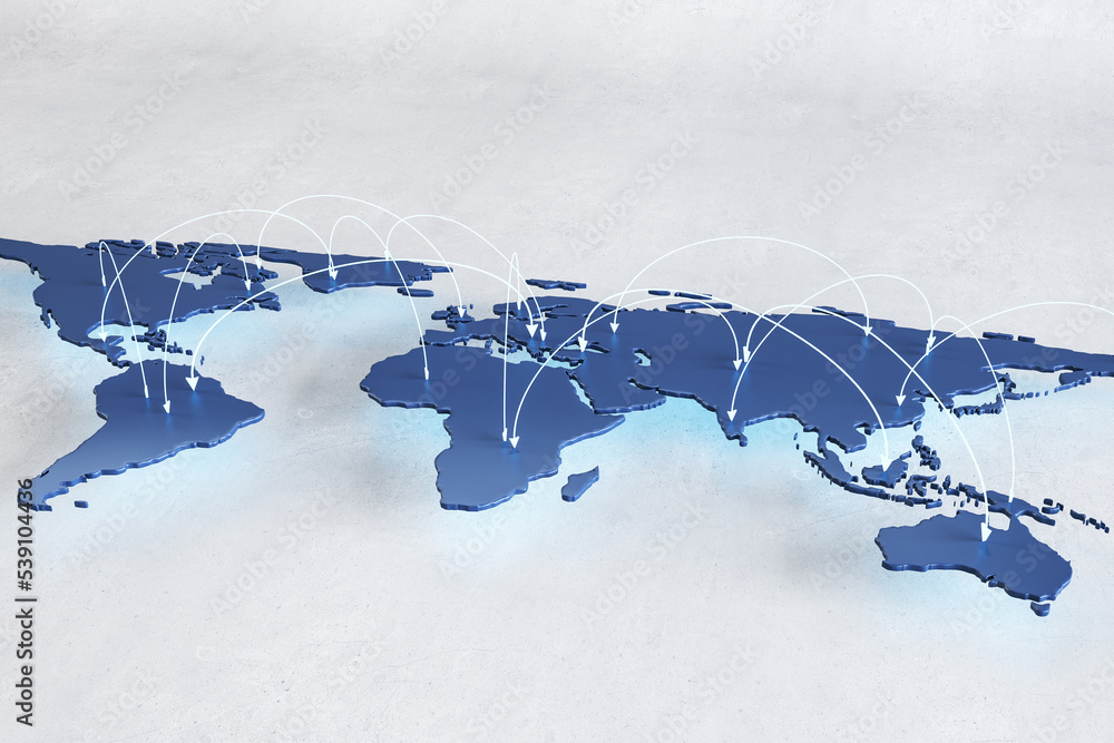 Poster social network and internet connection concept with white arrow lines over blue graphic world map on