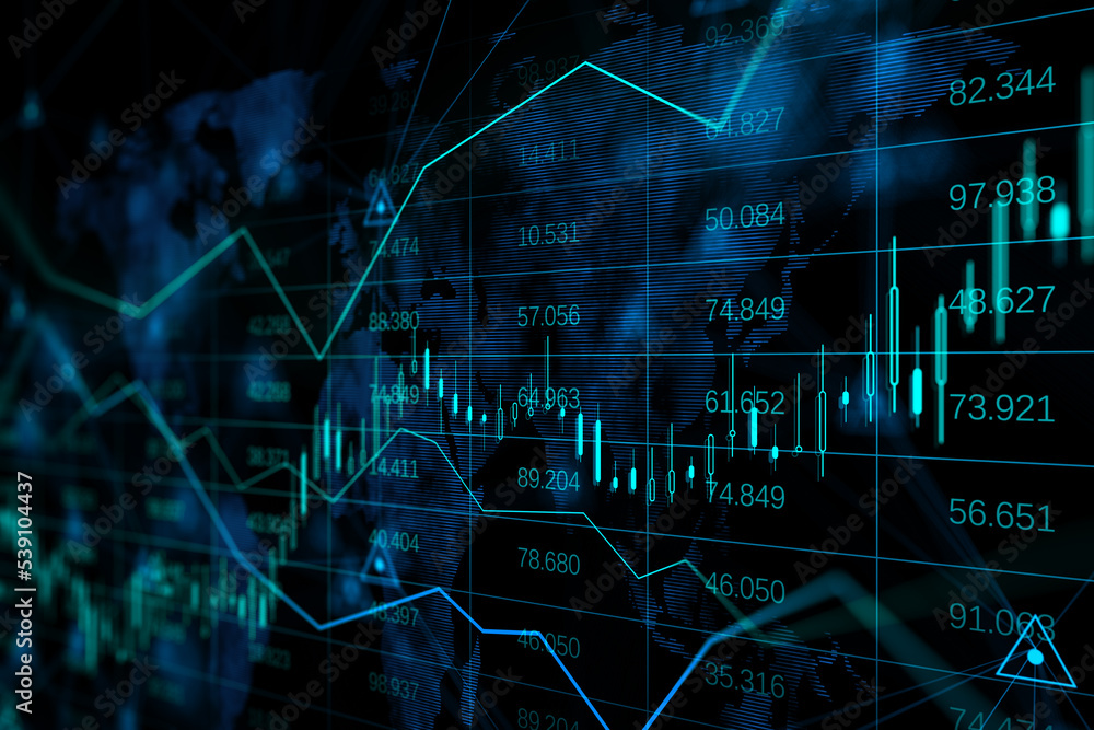 Aufkleber Forex exchange and global market concept with perspective view on digital screen with financial chart graphs, candlestick and indicators on blurred world map background. 3D Rendering