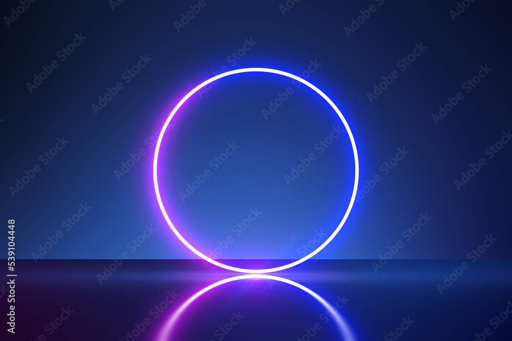 Poster neon bright colors illuminated round frame with place for your logo or text on blank dark blue wall 