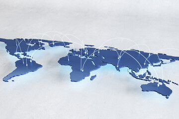 Social network and internet connection concept with white arrow lines over blue graphic world map...