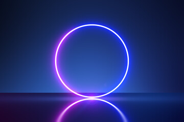 Neon bright colors illuminated round frame with place for your logo or text on blank dark blue wall background. 3D rendering, mockup