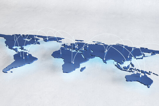 Social network and internet connection concept with white arrow lines over blue graphic world map on light grey background. 3D rendering