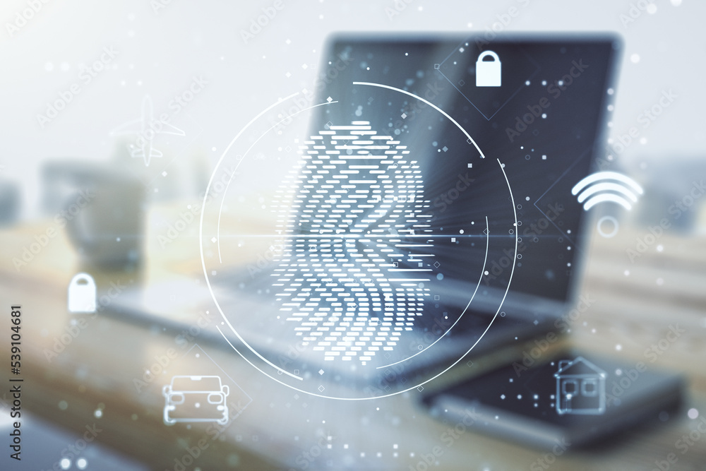 Poster multi exposure of abstract creative fingerprint illustration and modern desktop with computer on bac