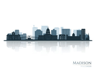 Naklejka premium Madison skyline silhouette with reflection. Landscape Madison, Wisconsin. Vector illustration.