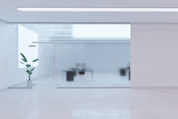 Clean white glass office interior with mock up place on empty concrete wall. 3D Rendering.