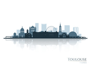 Toulouse skyline silhouette with reflection. Landscape Toulouse, France. Vector illustration.