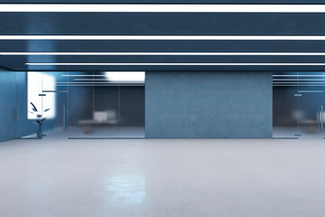 Bright blue blurry glass office interior with mock up place on empty concrete wall. 3D Rendering.
