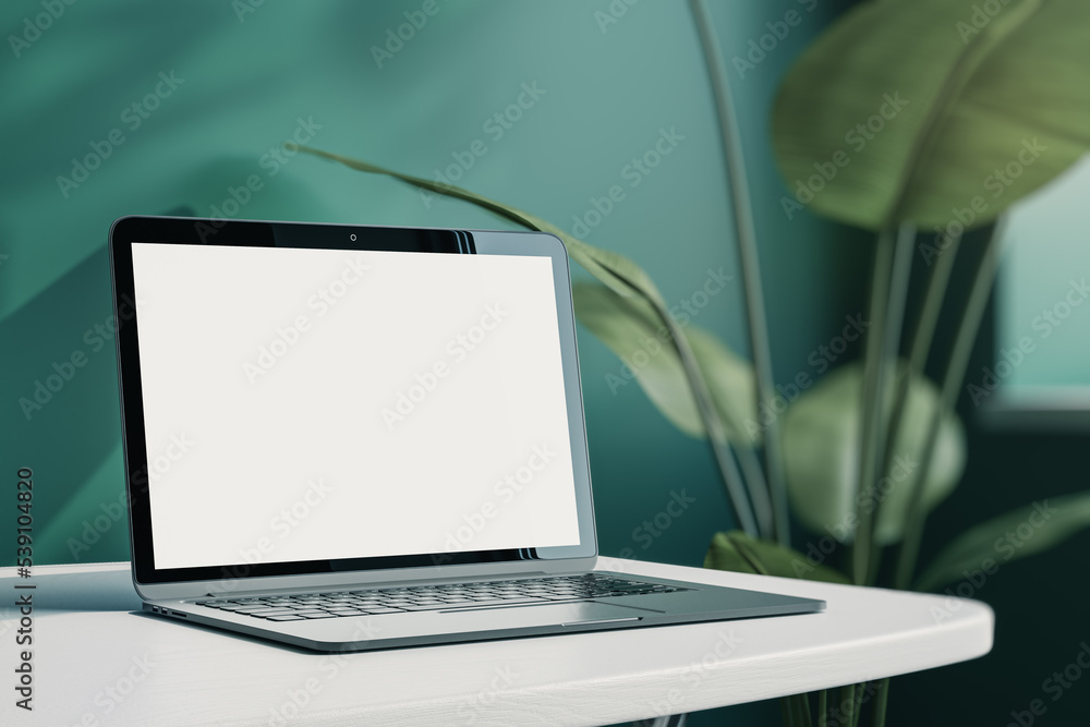 Poster close up of creative designer office desktop with empty white laptop screen with mock up place in fr