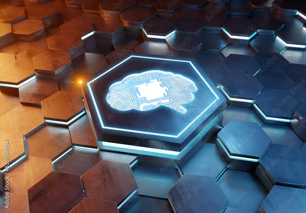 Aufkleber Brain icon concept engraved on metal hexagonal pedestral background. Artificial intelligence symbol glowing on abstract digital surface. 3d rendering