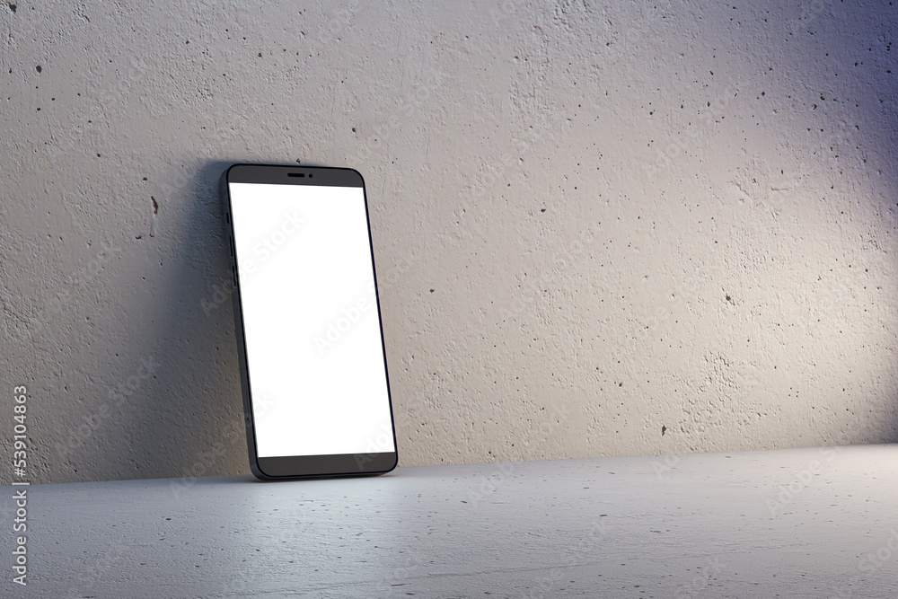 Poster Close up of empty white mobile phone on light wall background. Mobile app concept. 3D Rendering.
