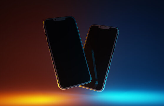 PARIS - France - April 28, 2022: Newly released Apple Smartphone Iphone 13 pro max realistic 3d rendering - Silver color front screen mockup - Modern smartphones floating on color background