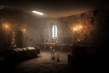 Dracula castle cell interior with chains by candlesticks,writing desk and bed. Horror Halloween theme. Indoor of Transylvanian vampire dungeon prisons for games background. 3D illustration.