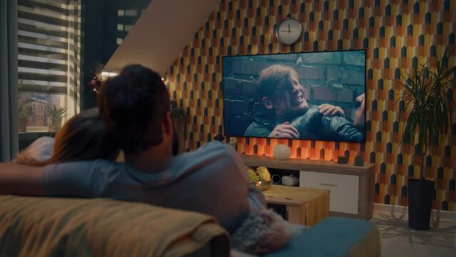 Couple sitting and hugging on sofa in cozy living room, watching action movie on TV or criminal blockbuster on streaming service, resting at home on weekend. Home cinema in modern apartment.