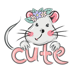 cute little mouse girl with floral wreath with lettering quote Cute. T shirt Graphics.