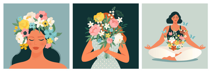 Fototapeta na wymiar Happy Women's Day March 8! Cute cards and posters for the spring holiday. Vector illustration of a date, women and a bouquet of flowers!