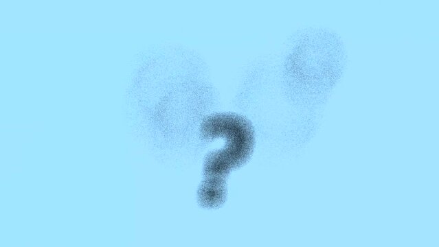 Question marks on a blue background disintegrating into small particles, symbolizing the solution of a task or problem