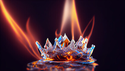 ice crown burning with orange flame. Cold winter frozen ice cubes emit heat and flame. Inspired by song of ice and fire mythology. Fire contained inside ice crystal, inner fire inside glass