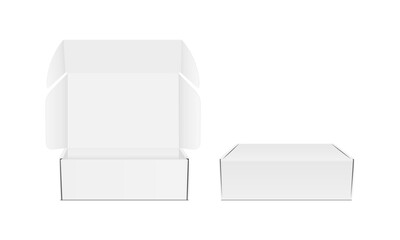 Two Blank Packaging Boxes, Opened and Closed, Front View, Isolated on White Background. Vector Illustration