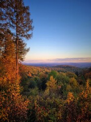 Jesienny krajobraz z widokiem na kolorowe góry w pionie. - obrazy, fototapety, plakaty