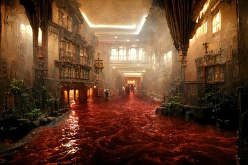 An indoor scene of a blood-filled haunted hotel in which rivers of blood flow through the hall and corridors of an ancient palace. 3D illustration of Halloween for horror theme backgrounds. - obrazy, fototapety, plakaty