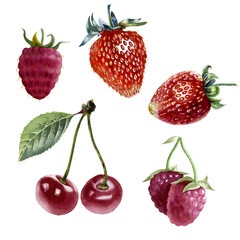 Set of juicu berries - raspberry, strawberry, cherry. Watercolor isolated on white background