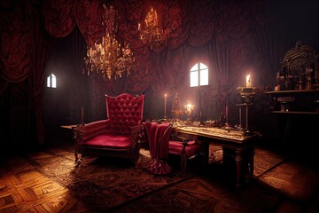 An inside look at the vampire castle from Victorian times as well as the living room with table and chairs decor from Transylvania. 3D illustration and Halloween theme and horror background. - obrazy, fototapety, plakaty