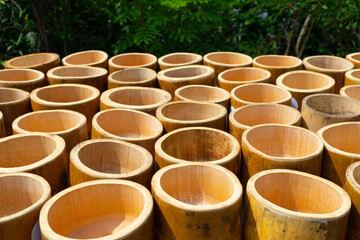 ฺฺBamboo round shape cut cross sections texture for background .Natural wood materials for food containers are asian style or home interior design for decorated on 
wall and fence.