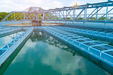 Water treatment,the process of making raw water to clean by putting chemicals in the machines,processing of the solid contact clarifier sediment tank.Wastewater Treatment Plant with steel structure.