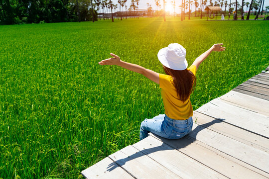 Traveling woman sitting on the wooden walkway and looking far away to enjoying breathtaking views or happy of paddy rice field plantation with sunlight. Relaxing alone travel.
