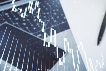 Multi exposure of abstract financial diagram on computer background, banking and accounting concept