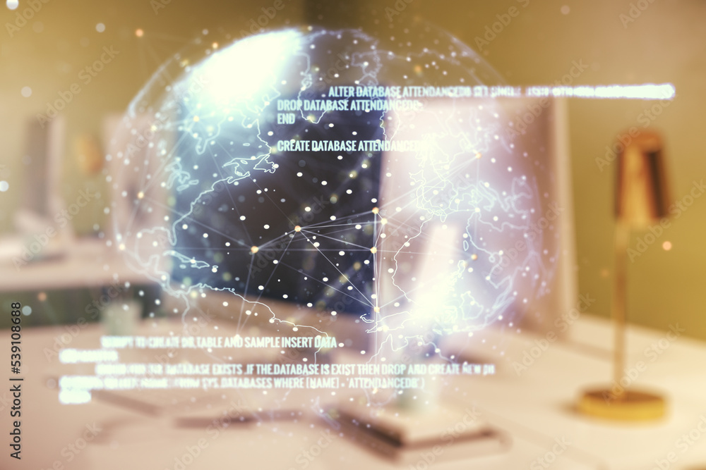 Poster double exposure of abstract creative programming illustration with world map on computer background,