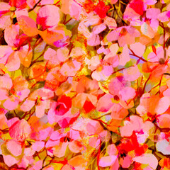 Spring sketched vivid blurred seamless pattern of a pink flowering tree on a yellow background