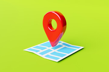 3d rendering of red map pin over a map on green background. Symbol of location, place or position marker over simplified street map