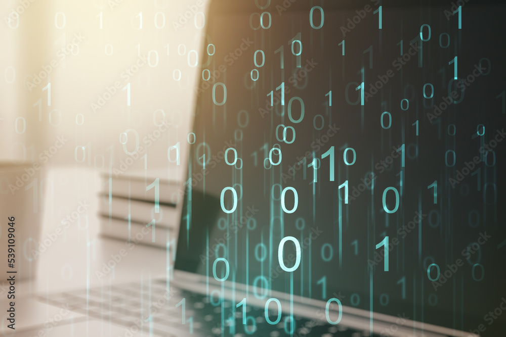 Poster creative abstract binary code hologram on modern computer background, ai and machine learning concep