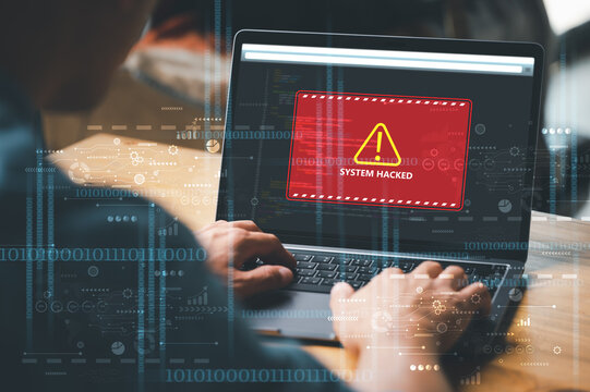 System Warning Hacked Alert, Cyber Attack On Computer Network. Cybersecurity Vulnerability, Data Breach, Illegal Connection, Compromised Information Concept. Malicious Software, Virus And Cybercrime.