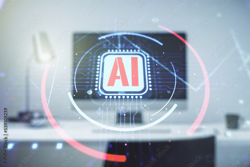 Poster double exposure of creative artificial intelligence abbreviation with computer on background. future
