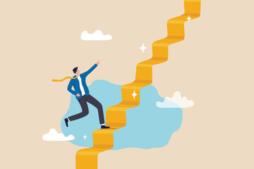 Ladder of success, stair way to succeed and reach business target, growth or growing career path, motivation and challenge to success opportunity concept, businessman climb up stair way to success. - obrazy, fototapety, plakaty
