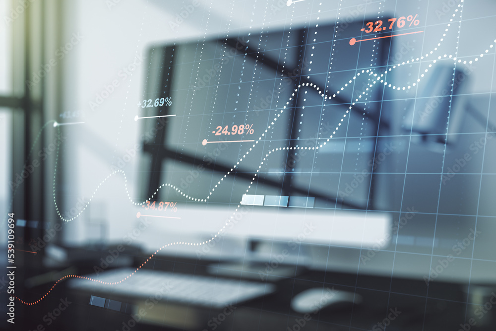 Poster multi exposure of abstract statistics data hologram interface on computer background, computing and 