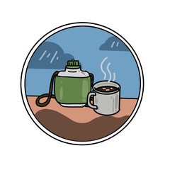 camping items, backpack, camping tool set, Compass, Tent, Sleeping Bag, picnic gas stove, Binoculars, Torch, Lantern, Thermos bottle, campfire, cartoon, artwork, vector, symbol, design