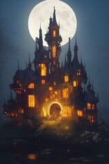 Fantasy castle on a full moon night. 