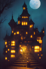 Fototapeta na wymiar Fantasy castle on a full moon night. 