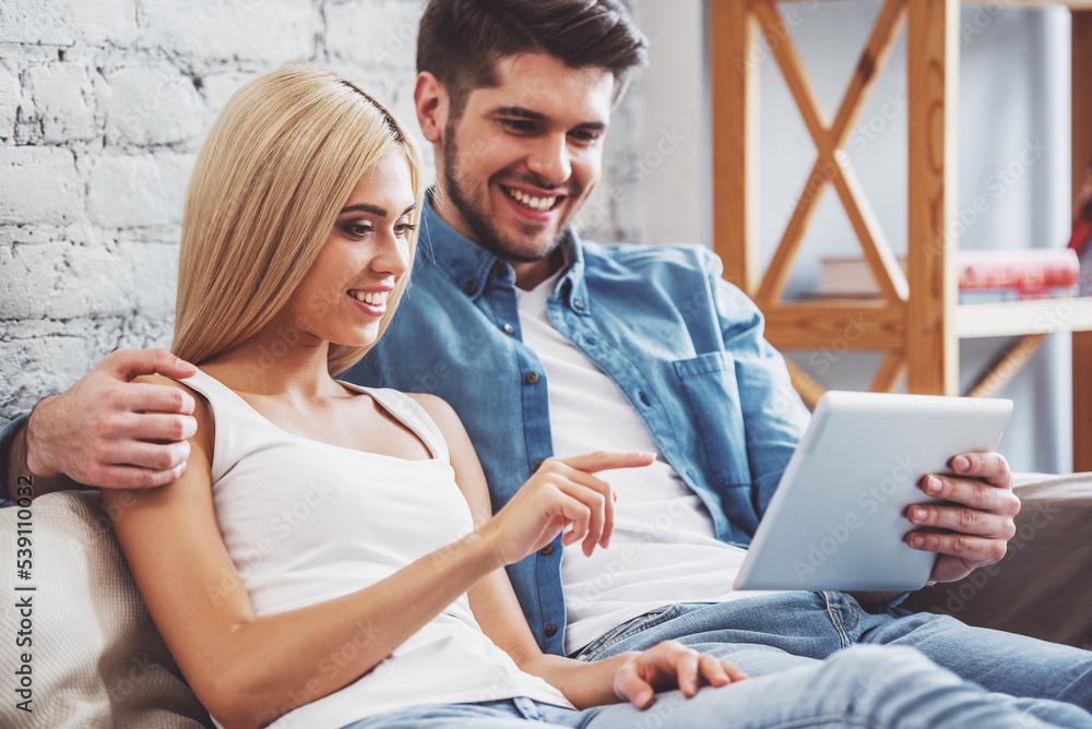 Canvas Prints beautiful couple at home with gadget