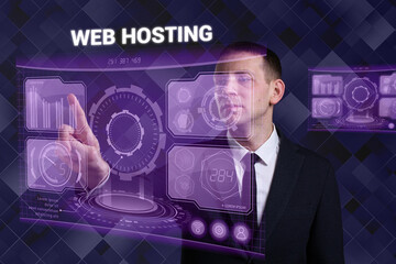 Business, Technology, Internet and network concept. Young businessman working on a virtual screen of the future and sees the inscription: Web hosting