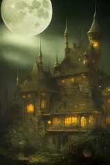 Fantasy castle on a full moon night. 