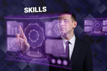 Business, Technology, Internet and network concept. Young businessman working on a virtual screen of the future and sees the inscription: Skills