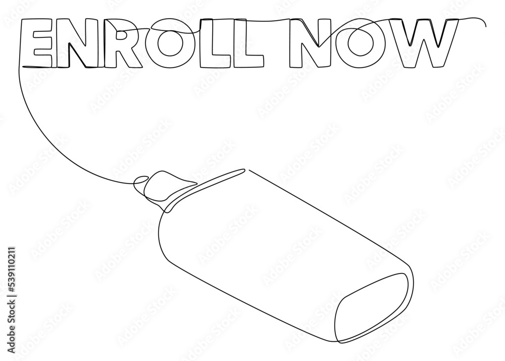 Poster one continuous line of enroll now word written with a pencil. thin line illustration vector concept.