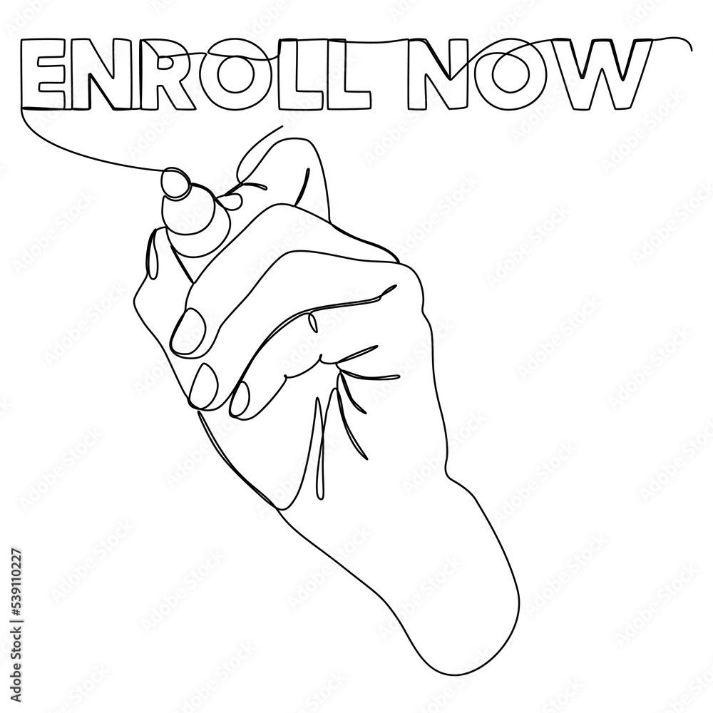 Poster one continuous line of enroll now word written by with felt tip pen. thin line illustration vector c