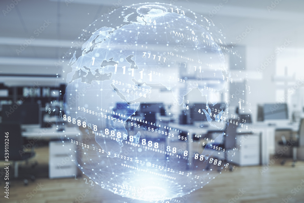 Aufkleber Abstract virtual coding concept and world map hologram on a modern furnished office background. Multiexposure