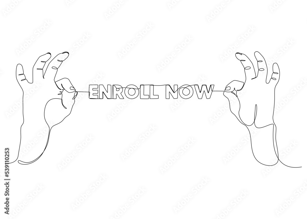 Poster one continuous line of two hand holding a string with enroll now word. thin line illustration vector